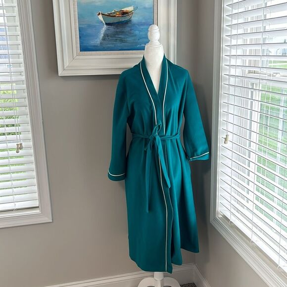 Vanity Fair Vintage 70s Green Teal Retro Tie Velour Robe Womens Medium - Picture 1 of 13